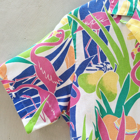 Flamingo Amigo | Vintage 1980s Tropical Jungle Flamingo print Multi-colored Shirt Blouse