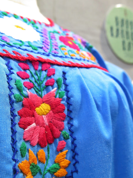 Vintage 1960s 1970s floral mexican Oxacan hand-embroidered caftan midi hippie bohemian dress | Sky Blossoms |