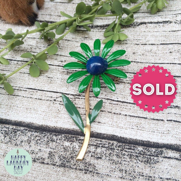 Petals metal | Vintage 1960s enamel flower brooch with green petals and blue centre