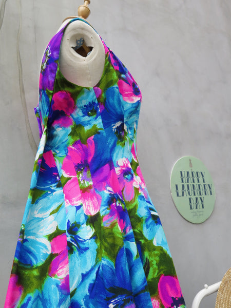 Prettiest on the wall | Vintage 1960s/70s Retro mod Groovy Neon Floral painting Hawaiian Maxi Dress with pseudo cape