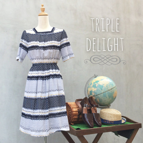 Triple Delight | Vintage 1970s bohemian chic Geometric print Stripes & dots Day Dress
