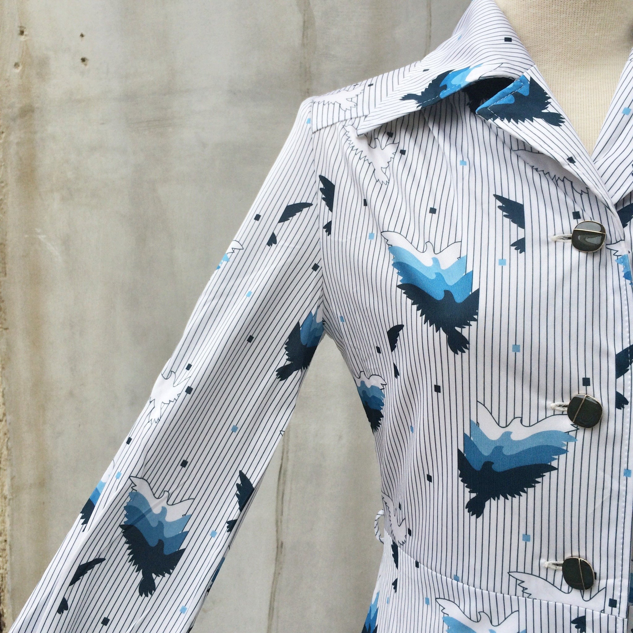 Dove Love | Vintage 1960s 1970s Dove bird motif Vertical pin stripe Button down dress