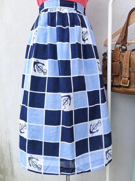 Anchors Up | Vintage 1960s 1970s Blue White checkered Midi skirt with Anchor nautical theme print