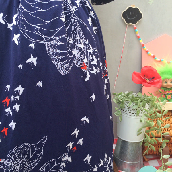 Butterfly Lovers | Vintage 1970s Butterflies print Festival Summer Dress in Navy Blue White and Red