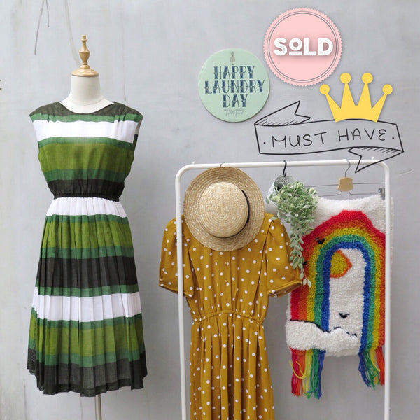 Verde Verdi | Vintage 1960s 1970s Horizontal stripes Green, Khaki and White Flaired A-line skirt Dres