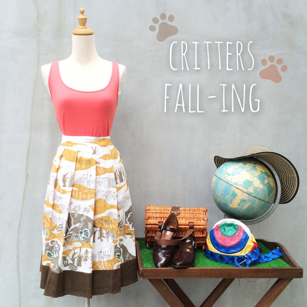 Critters Fall-ing | Vintage 1960s abstract Squirrel and Forest print Autumn Box-pleat Circle Skirt