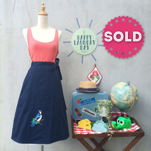 Blue Jay Bird Call | Vintage 1970s Navy Blue Wrap skirt with Embroidered Bluebird Patch