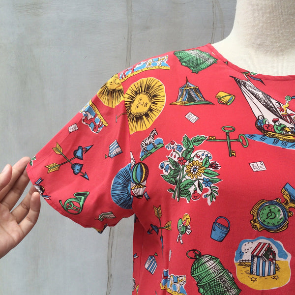 Fairground Candy | Vintage 1980s Fun Kitschy prints 100% Silk Blouse