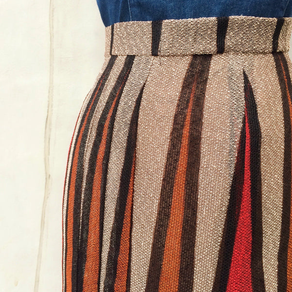 Raw Roar | Vintage 1950s 1960s Geometric stripes Pencil skirt Brown Triangles