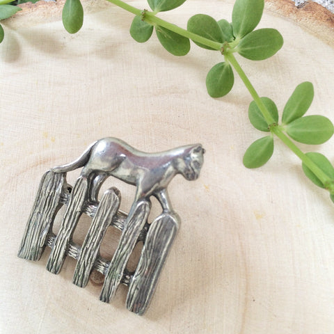 Cat on the Fence | Vintage dark pewter-tone Novelty brooch