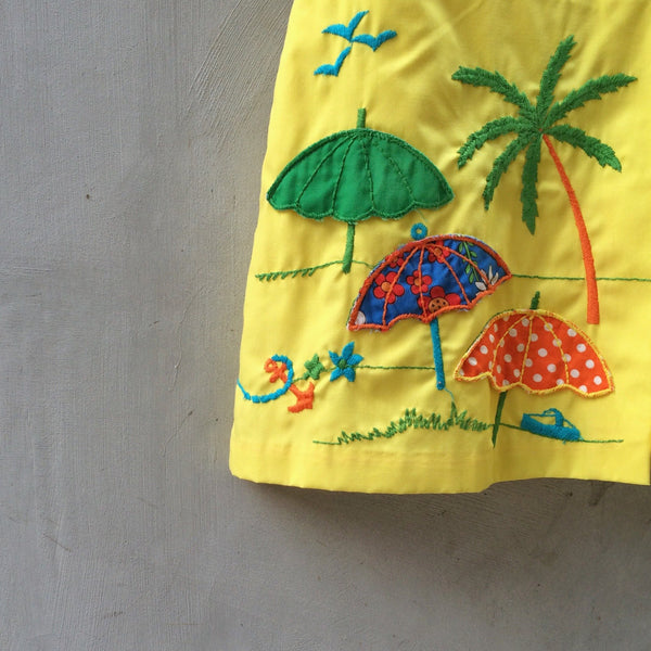 Lemon Brolly Lolly | Vintage 1950s 1960s lemon yellow Patchwork and embroidered Nautical theme zip front Romper Shorts