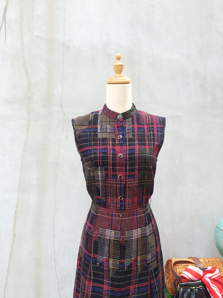 Binary Code | Vintage stripe & checkered Mandarin Collar box-pleat Sleeveless Day Dress