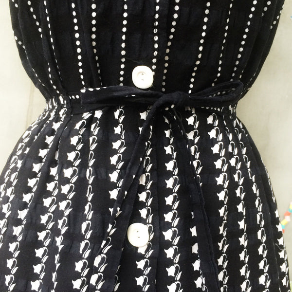 Fun in Monotone | Vintage 1940s sleeveless summer dress with Polka dots Stripes and Morning Glory Flowers
