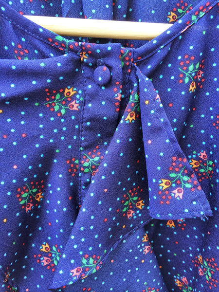 Floral Days | Retro 70s Small floral print Indigo blue Ruffle front Tunic Dress