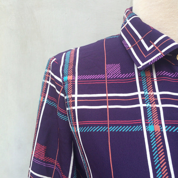 Shades of Purple | Vintage 1970s long sleeve Purple and white striped shirt waist Dress