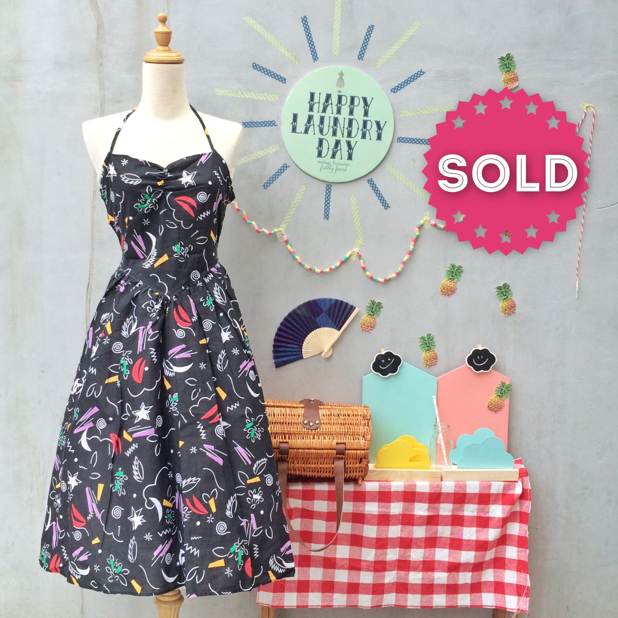 Art Class Graduate | Vintage 1980s pop art Abstract confetti and Scribble print Halter Sun Dress