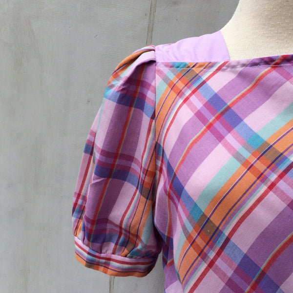 SALE! | Vintage 1980s purple and pink Checkered Plaid Dress