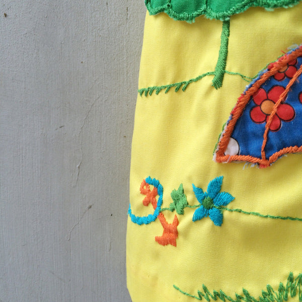 Lemon Brolly Lolly | Vintage 1950s 1960s lemon yellow Patchwork and embroidered Nautical theme zip front Romper Shorts