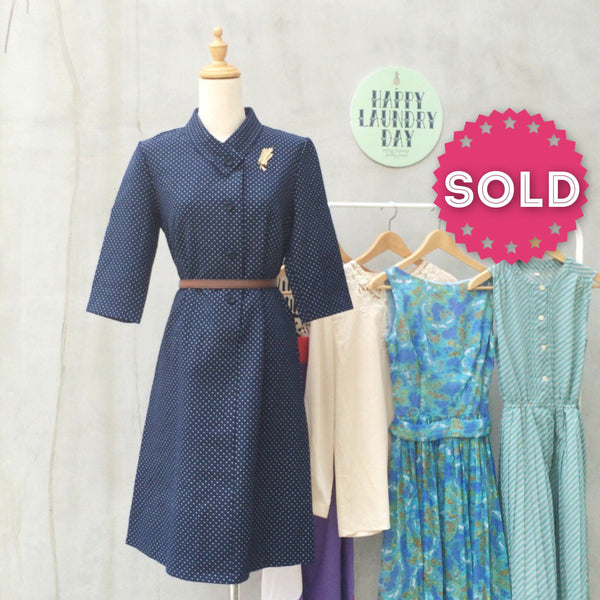 Train Time Travel | Vintage 1930s scarf collar Enid Blyton era Navy polka dot Day Dress