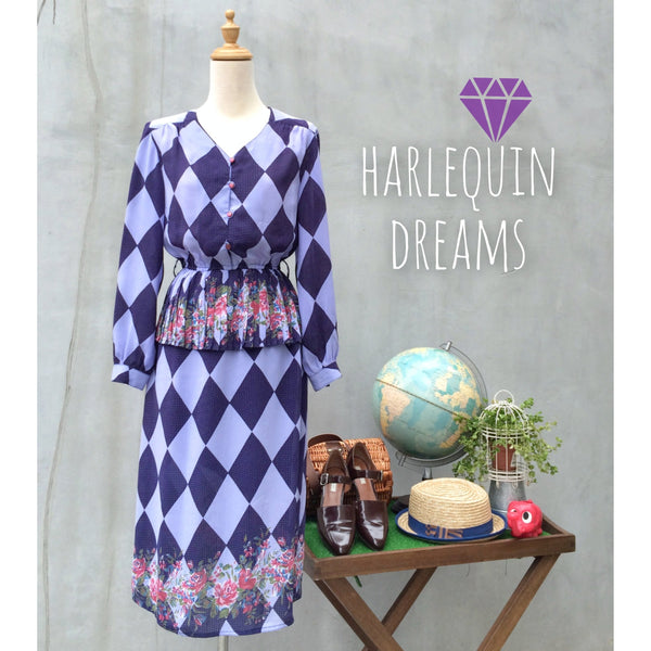 SALE ! |  Harlequin Dreams | Vintage 1970s diamond print rose peplum pleated secretary dress