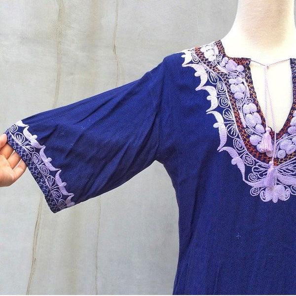 SALE! | Hippie Max | Vintage 1960s 1970s Mexican Ethnic dark blue MAXI dashiki Dress