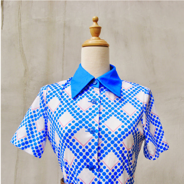 Blue Diamonds | Retro Vintage 60s bright blue white Geometric print Japan Dress