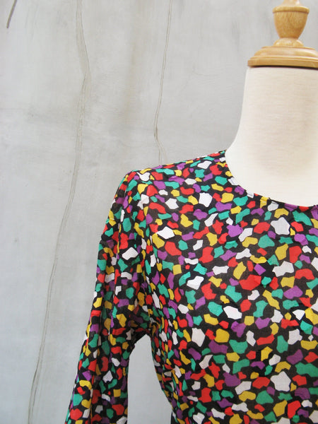 Mossy Mosaic | Multi-colored Confetti Vintage 1960s back button-down Blouse | Textured Polka dots!
