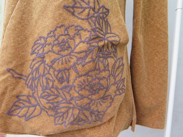 Cara-Meow | Vintage 1960s 1970s Hippie retro mod Faux suede/textured Long-sleeved Camel Brown Blouse