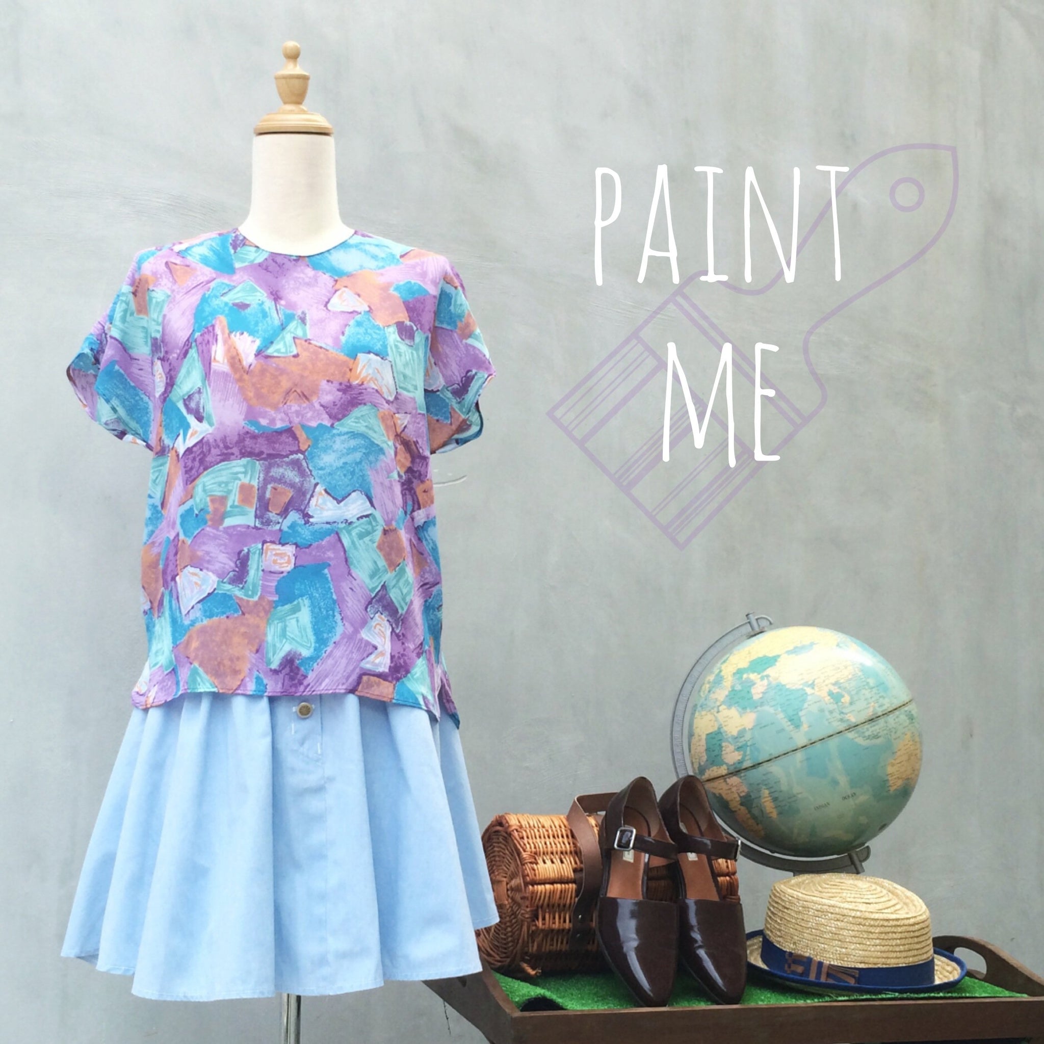 SALE | Paint me Mosaic | Vintage 1980s loose fit boxy crop blouse | Abstract color block Paint strokes
