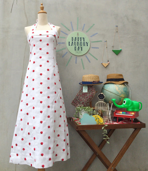 MUST HAVE! | Strawberry Fields | Vintage 1950s 1960s Metal zip Cute-as-a-button Embroidered strawberry Halter Maxi Dress