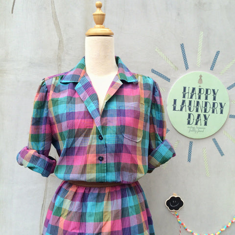 TV Technicolor Test Screen| Vintage 1980s Rainbow multicolour Plaid Checkered Day Dress