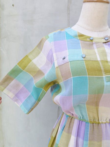 Must Have! | Priscilla | Vintage 1950s 1960s Light pastel lavendar mint and mustard Short-sleeved Day Dress