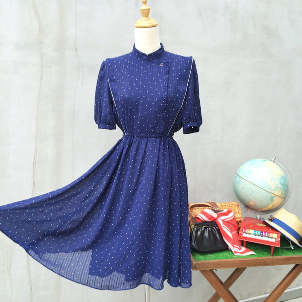 Starry Night | Vintage 1980s Polka dot Dress with Double-pleats Asymmetric bust + Small ruffles + Mandarin Collar