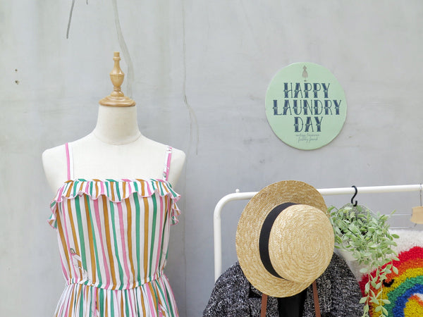 Clarisse | Vintage 1960s 1970s vertical stripe kitschy retro Ribbon print frill neckline Strappy Sundress