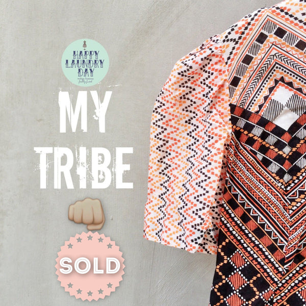 My Tribe | African ethnic Tribal print Short puff sleeve Vintage 1960s Orange Black geometric print Top