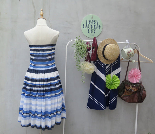 Blue Kite | Vintage 1980s 1990s Striped Blue Nautical strapless Summer Dress