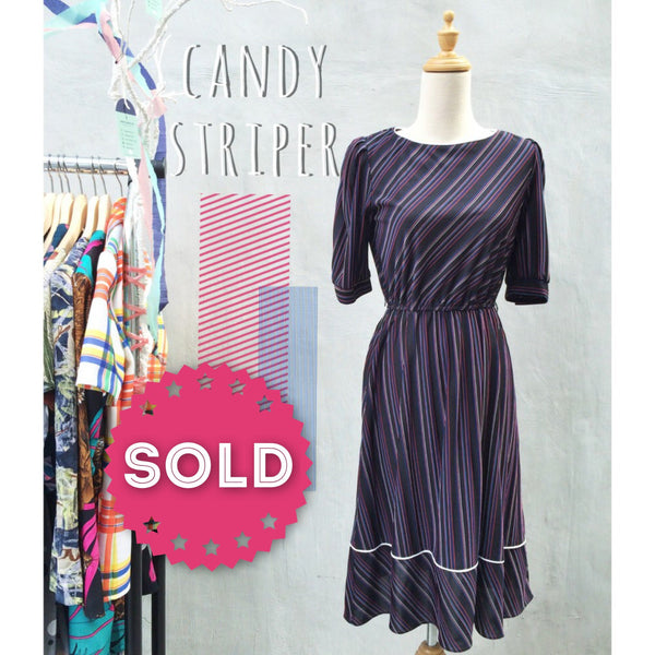 Candy Striper | Liqourice Spice & everything nice Vintage 1970s diagonal stripe day dress Pink Blue stripes