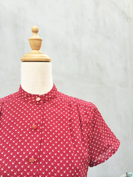 Try-angle | Plum red white triangle polka dot geometric print Vintage 1970s dress