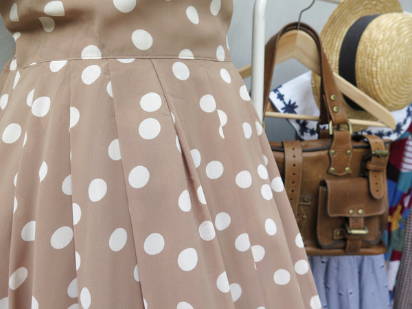 Khelli | Vintage 1980s-does-1950s light khaki brown polka dot dress luxurious touch 