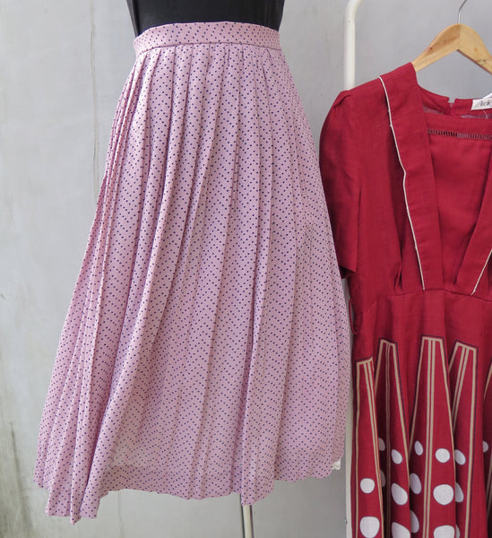 Hannah | Vintage 1960s 1970s lavender purple polka dot pleated chiffon skirt  