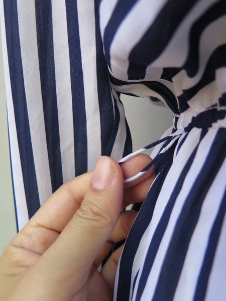 Megan | Vintage 1980s-does-1920s quirky office lady vibe Blue white vertical stripes dress