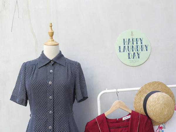 Serina | Vintage 1950s 1960s Simple black polka dot shirt shirt dress with solid stripe hem