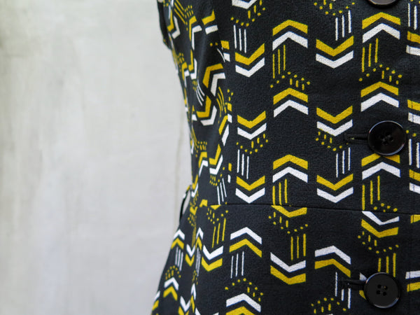 Betty | Vintage 1960s/1970s Black yellow white geometric print sleeveless black dress