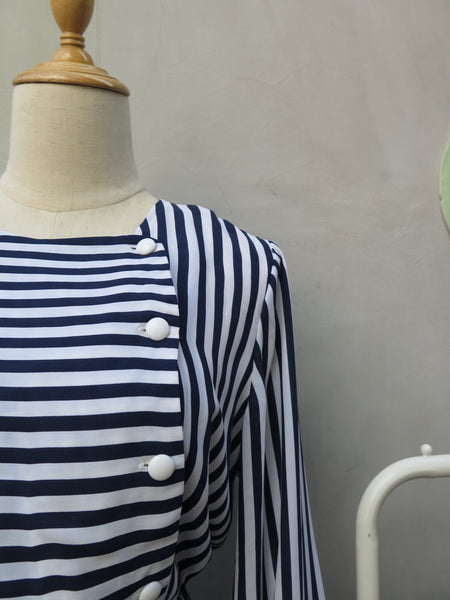 Megan | Vintage 1980s-does-1920s quirky office lady vibe Blue white vertical stripes dress