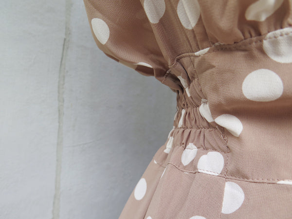 Khelli | Vintage 1980s-does-1950s light khaki brown polka dot dress luxurious touch 