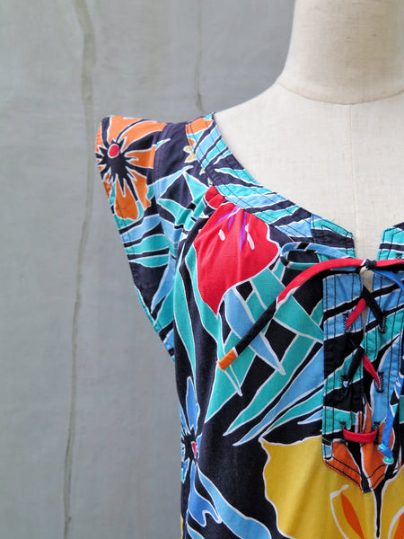 Francesca | Vintage 1980s bright and bold tropical safari floral print cotton dress