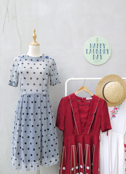 Deidre | Vintage 1950s 1960s textured blue, white, black polka dot pinstriped fit-and-flare dress