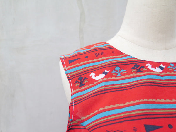 Must Have! | Candace | Vintage 1950s 1960s chick and hen Red ethnic print Sleeveless Day Dress