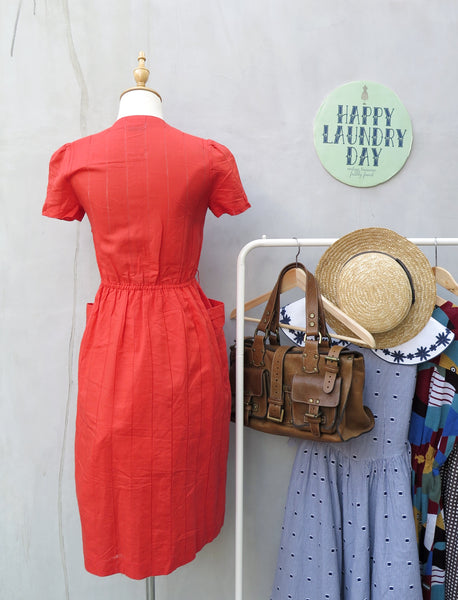 Meredith | Vintage vermillion orange red 1950s plain cotton dress with 2 large pockets