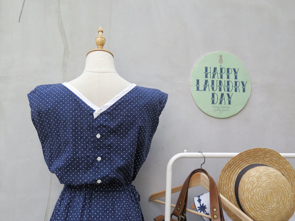 Winifred | Vintage 1950s 1960s V-back white navy blue tiny polka dot print swing style dress